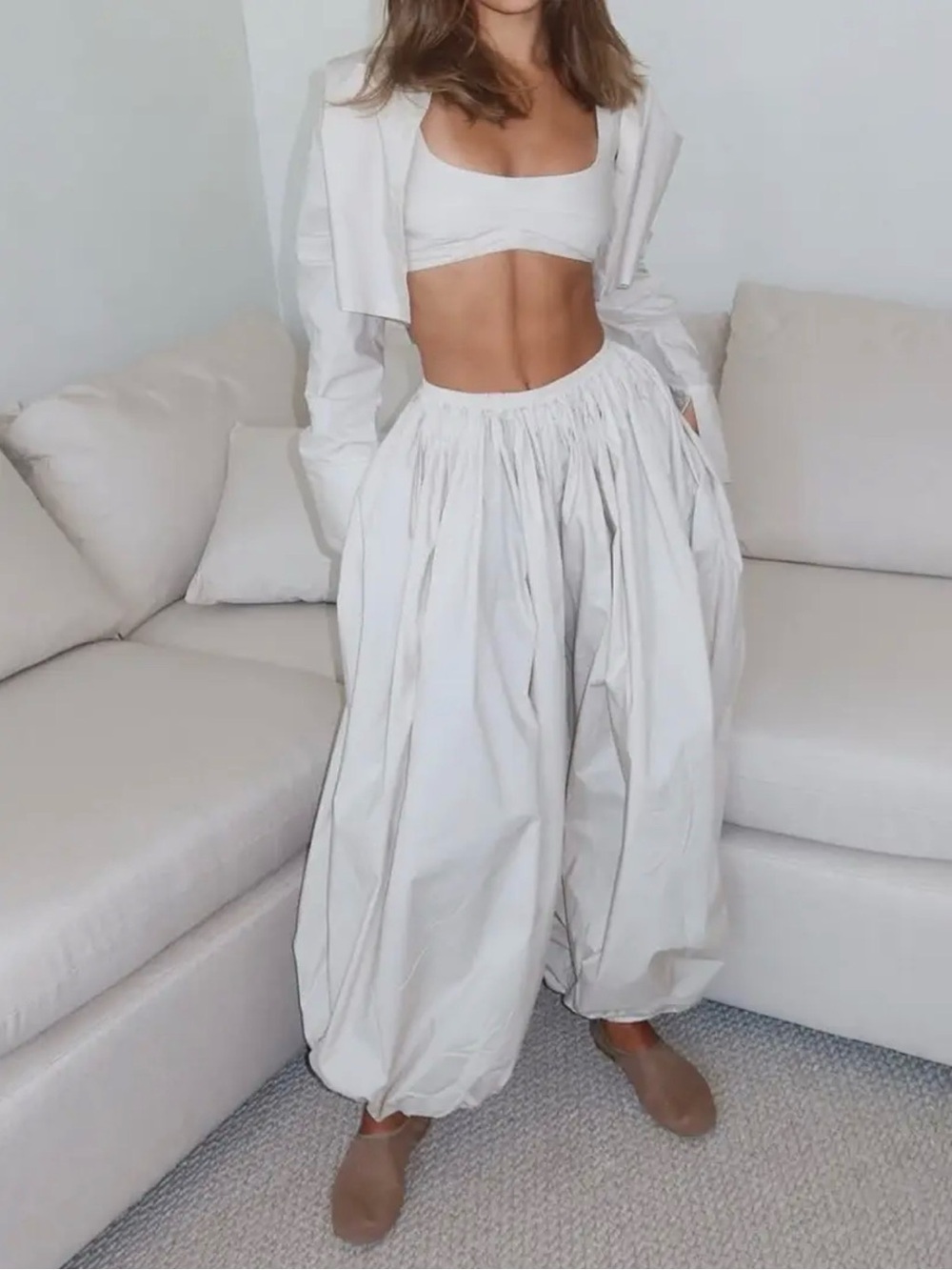 light cotton Ivory Balloon Wide-Leg Pants - Casual Luxe